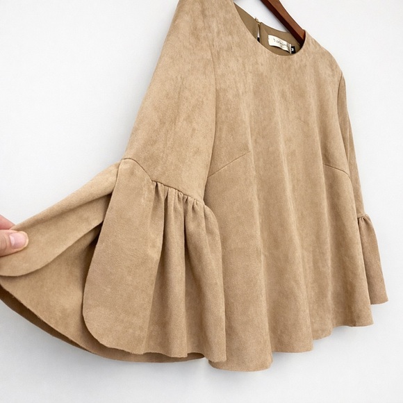 b.original by Shoe Fly Tops - B.Original Faux Suede Bell Sleeve Top Boho Chic Camel Tan Size M